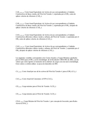 CARj,2,R82,AE: Costo Anual Equivalente de Activos de uso correspondientes a Unidades
Constructivas de líneas rurales, del Nivel de Tensión 2, reportadas por el OR j, antes de
aplicar criterios de eficiencia (CARj,2).
CARj,2,R82,DE: Costo Anual Equivalente de Activos de uso correspondientes a Unidades
Constructivas de líneas rurales, del Nivel de Tensión 2, reportadas por el OR j, después de
aplicar criterios de eficiencia (CARj,2).
CAOj,2,R82,AE: Costo Anual Equivalente de Activos de uso correspondientes a Unidades
Constructivas diferentes a líneas rurales y urbanas, del Nivel de Tensión 2, reportadas por el
OR j,antes de aplicar criterios de eficiencia (CAOj,2).
CAOj,2,R82,DE: Costo Anual Equivalente de Activos de uso correspondientes a Unidades
Constructivas diferentes a líneas rurales y urbanas, del Nivel de Tensión 2, reportadas por el
OR j,después de aplicar criterios de eficiencia (CAOj,2)
Las siguientes variables corresponden a los Costos Anuales y Cargos Máximos aprobados
por la CREG para el OR j,con la metodología de la Resolución CREG082 de 2002, con los
valores que estén vigentes al momento de la solicitud de cargos con esta nueva metodología.
Estos valores se deben utilizar en pesos de diciembre de 2001.
CAj,4,R82: Costo Anual por uso de los activos del Nivel de Tensión 4, para el OR j (CAj,4)
CACj,R82:Costo Anual de Conexiones al STN (CACj),.
CDj,3,R82: Cargo máximo para el Nivel de Tensión 3 (CDj,3)
CDj,2,R82: Cargo máximo para el Nivel de Tensión 2 (CDj,2)
CDAIj,1,R82: Cargo Máximo del Nivel de Tensión 1,por concepto de Inversión, para Redes
Aéreas (CDAIj,1)
 