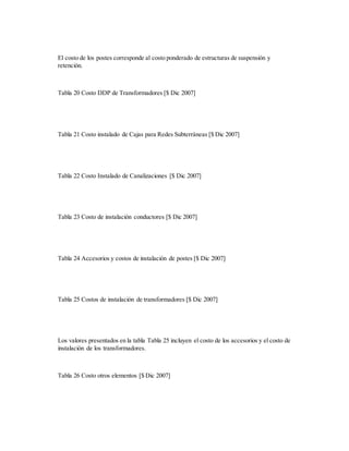 El costo de los postes corresponde al costo ponderado de estructuras de suspensión y
retención.
Tabla 20 Costo DDP de Transformadores [$ Dic 2007]
Tabla 21 Costo instalado de Cajas para Redes Subterráneas [$ Dic 2007]
Tabla 22 Costo Instalado de Canalizaciones [$ Dic 2007]
Tabla 23 Costo de instalación conductores [$ Dic 2007]
Tabla 24 Accesorios y costos de instalación de postes [$ Dic 2007]
Tabla 25 Costos de instalación de transformadores [$ Dic 2007]
Los valores presentados en la tabla Tabla 25 incluyen el costo de los accesorios y el costo de
instalación de los transformadores.
Tabla 26 Costo otros elementos [$ Dic 2007]
 