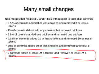 Many small changes
Non-merges that modified C and H files with respect to total of all commits
● 9.5 % of commits added 3 or less c-tokens and removed 3 or less c-
tokens
● 7% of commits did not add any c-tokens but removed c-tokens
● 3.8% of commits added one c-token and removed one c-token
● 22.4% of commits added 10 or less c-tokens and removed 10 or less c-
tokens
● 50% of commits added 60 or less c-tokens and removed 60 or less c-
tokens
● 2 commits added at least 1M c-tokens and removed at least 1M c-
tokens
 