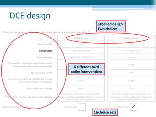 DCE design<br />Labelled design<br />Two choices<br />Annual Salary<br />6 different rural policy interventions<br />16 ch...