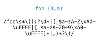 foo (4,a)
/foos*((:?d*|[_$a-zA-ZxA0-
uFFFF][_$a-zA-Z0-9xA0-
uFFFF]*|,)*?)/
 