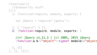 (function(){
//browserify stuff
})({
1: [function(require, module, exports) {
var jQuery = require('jquery');
}, { "jquery": 2 }],
2: [function(require, module, exports) {
//*! jQuery v1.11.3 | (c) 2005, 2015 jQuery
!function(a,b){"object"==typeof module&&"object
}, {}]
}, {}, [1]);
 