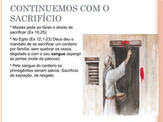 CONTINUEMOS COM O
SACRIFÍCIO
• Moisés pede ao faraó o direito de
sacrificar (Ex 10,25);
• No Egito (Ex 12,1-23) Deus deu o
mandato de se sacrificar um cordeiro
por família, sem quebrar os ossos,
degolado e com o seu sangue aspergir
as portas (noite da páscoa);
• Pelo sangue do cordeiro os
primogênitos seriam salvos. Sacrifício
de expiação, de resgate;
 