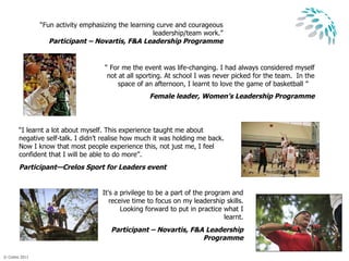 “  For me the event was life-changing. I had always considered myself not at all sporting. At school I was never picked for the team.  In the space of an afternoon, I learnt to love the game of basketball ”  Female leader, Women’s Leadership Programme “ I learnt a lot about myself. This experience taught me about negative self-talk. I didn’t realise how much it was holding me back. Now I know that most people experience this, not just me, I feel confident that I will be able to do more”.  Participant—Crelos Sport for Leaders event   It's a privilege to be a part of the program and receive time to focus on my leadership skills. Looking forward to put in practice what I learnt. Participant – Novartis, F&A Leadership Programme “ Fun activity emphasizing the learning curve and courageous leadership/team work.” Participant – Novartis, F&A Leadership Programme 
