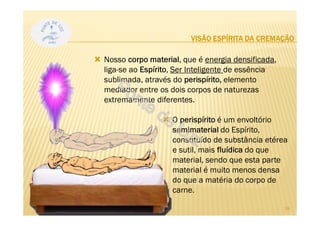 VISÃO ESPÍRITA DA CREMAÇÃO
Nosso corpo material, que é energia densificada,
liga-se ao Espírito, Ser Inteligente de essência
sublimada, através do perispírito, elemento
mediador entre os dois corpos de naturezas
extremamente diferentes.
O perispírito é um envoltório
semimaterial do Espírito,
constituído de substância etérea
e sutil, mais fluídica do que
material, sendo que esta parte
material é muito menos densa
do que a matéria do corpo de
carne.
18
 