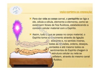 VISÃO ESPÍRITA DA CREMAÇÃO
Para dar vida ao corpo carnal, o perispírito se liga a
ele, célula a célula, elemento a elemento, como se
existissem feixes de fios fluídicos, estabelecendo a
conexão celular material com o Espírito.
Assim, tudo o que se passa no corpo material, o
Espírito toma conhecimento através da ligação
existente e, no sentido inverso,
todas as decisões, ordens, desejos,
vontades e até mesmo todos os
sentimentos do Espírito chegam à
estrutura celular ou nela se
refletem, através do mesmo canal
fluídico.
19
 