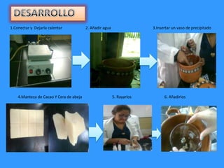 1.Conectar y Dejarla calentar 2. Añadir agua 3.Insertar un vaso de precipitado
4.Manteca de Cacao Y Cera de abeja 5. Rayarlos 6. Añadirlos
 