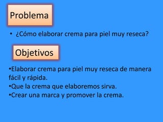 Problema
• ¿Cómo elaborar crema para piel muy reseca?
Objetivos
•Elaborar crema para piel muy reseca de manera
fácil y rápida.
•Que la crema que elaboremos sirva.
•Crear una marca y promover la crema.
 