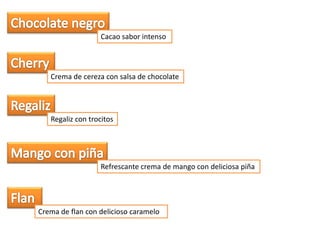 Cacao sabor intenso




   Crema de cereza con salsa de chocolate




   Regaliz con trocitos




                  Refrescante crema de mango con deliciosa piña




Crema de flan con delicioso caramelo
 