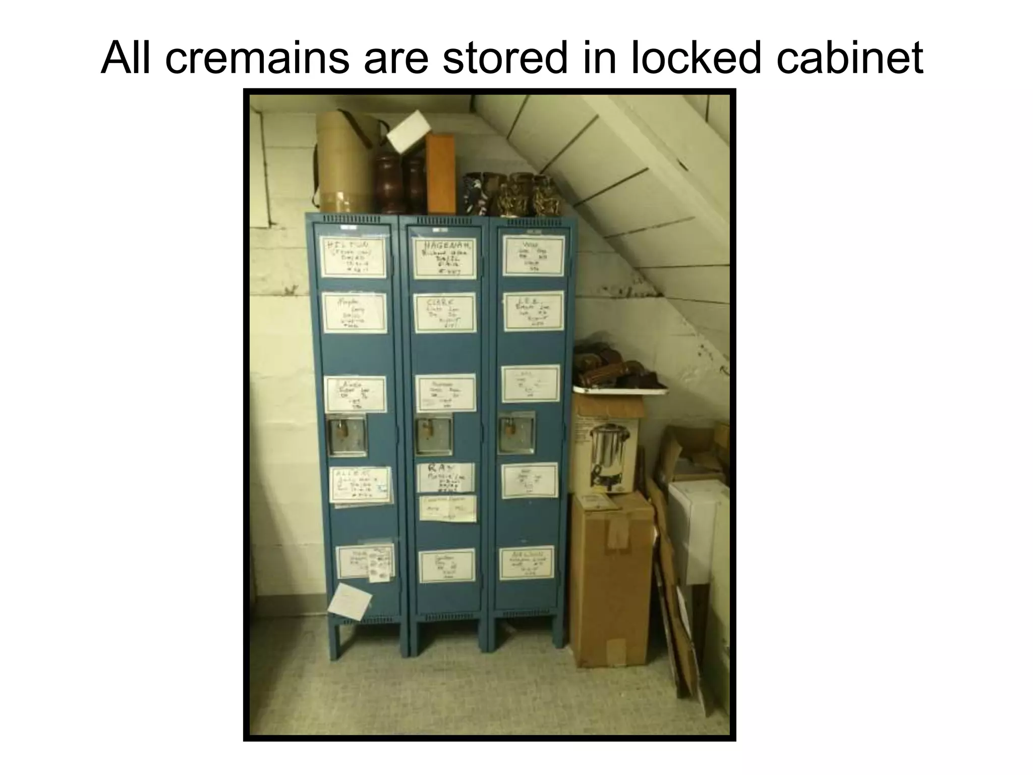All cremains are stored in locked cabinet
 