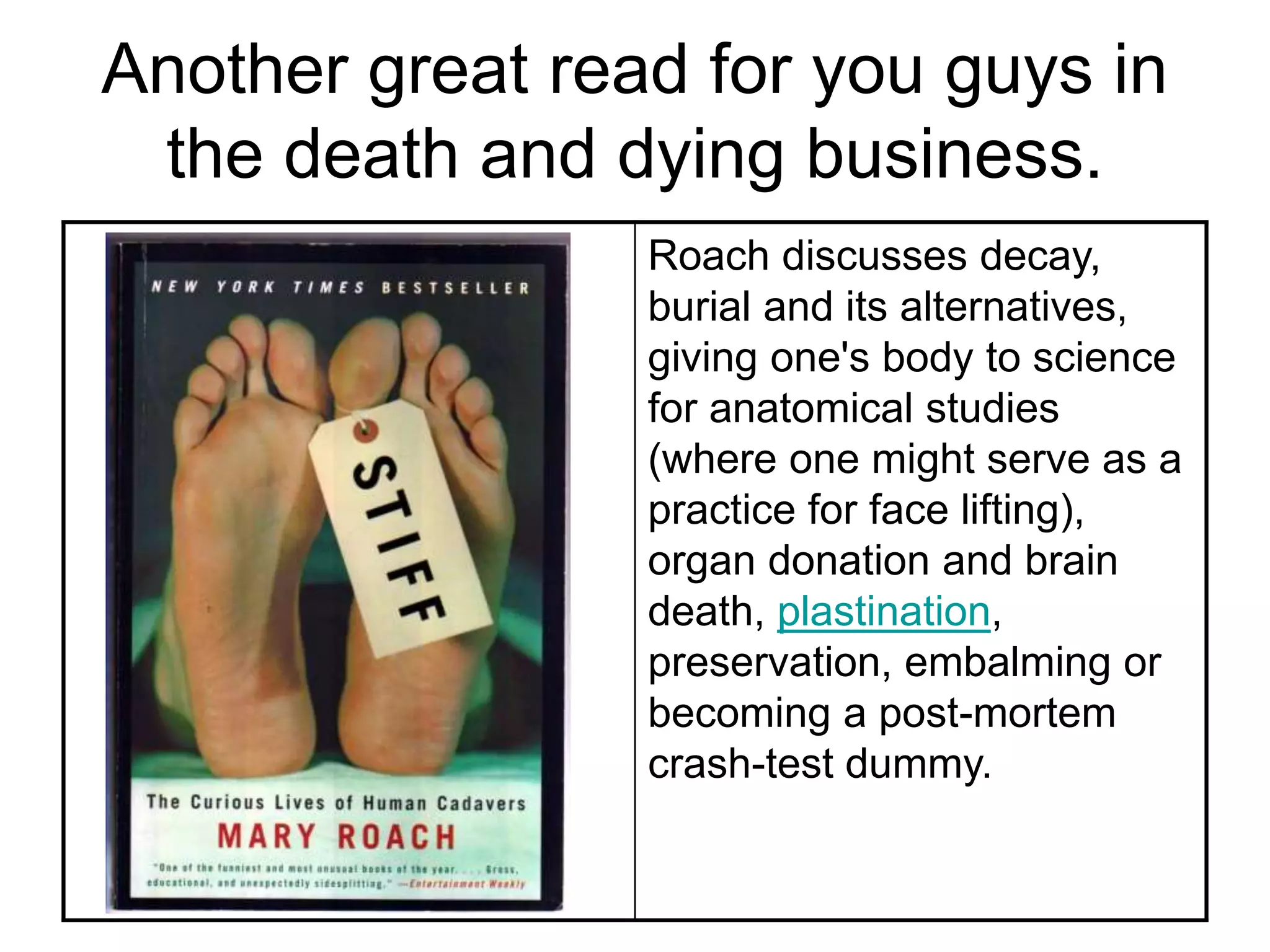 Another great read for you guys in
the death and dying business.
Roach discusses decay,
burial and its alternatives,
giving one's body to science
for anatomical studies
(where one might serve as a
practice for face lifting),
organ donation and brain
death, plastination,
preservation, embalming or
becoming a post-mortem
crash-test dummy.
 