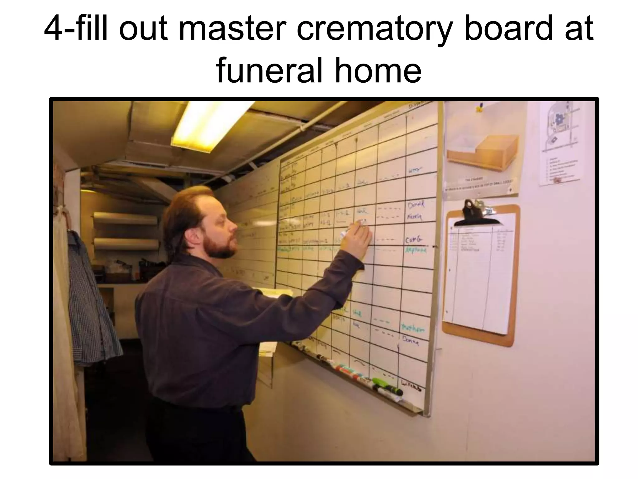 4-fill out master crematory board at
funeral home
 