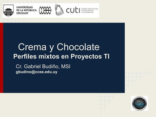 Crema y Chocolate
Perfiles mixtos en Proyectos TI
Cr. Gabriel Budiño, MSI
gbudino@ccee.edu.uy
 