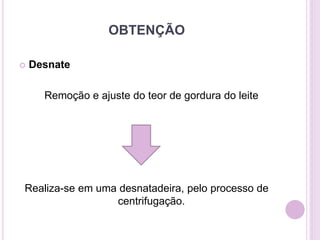 OBTENÇÃO
 Desnate
Remoção e ajuste do teor de gordura do leite
Realiza-se em uma desnatadeira, pelo processo de
centrifugação.
 