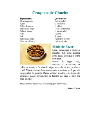 Croquete de Chuchu
Ingredientes                          Quantidades
Chuchu picado                         5 xícara(chá)
Água                                  O suficiente
Caldo de carne                        ½ tablete
Farinha de trigo                      1 1/2 xícara (chá)
Cebola picada                         ½ xícara (chá)
Alho                                  1 dente
Sal                                   A gosto
Farinha de trigo                      3 colheres (sopa)
Óleo para fritura                     1 xícara (chá)

                                   Modo de Fazer
                                 Lave, descasque e pique o
                                 chuchu. Em uma panela
                                 com água, coloque-o para
                                 cozinhar.
                                 Retire do fogo, coe,
                                 amasse e acrescente o
caldo de carne, a farinha de trigo, a cebola picada, o alho e
o sal. Misture bem e leve novamente a mistura ao fogo, até
desprender da panela. Deixe esfriar, modele em forma de
croquete, passe novamente na farinha de trigo e frite em
óleo quente.
Dica: Retire o excesso de óleo com papel absorvente.

                                                       Neto – 5º ano
 