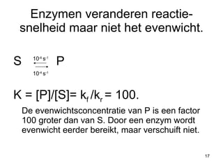 Enzymen veranderen reactie- snelheid maar niet het evenwicht. S  P K = [P]/[S]= k f  /k r  = 100. De evenwichtsconcentratie van P is een factor 100 groter dan van S. Door een enzym wordt evenwicht eerder bereikt, maar verschuift niet. 10 -6  s -1 10 -4  s -1 