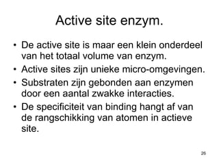 Active site enzym. De active site is maar een klein onderdeel van het totaal volume van enzym. Active sites zijn unieke micro-omgevingen. Substraten zijn gebonden aan enzymen door een aantal zwakke interacties. De specificiteit van binding hangt af van de rangschikking van atomen in actieve site. 