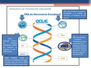 UBES: União Brasileira dos Estudantes Secundaristas é a entidade que representa  os estudantes em nível nacional . ACES:  Associação Cearense dos Estudantes Secundaristas, entidade que representa os estudantes de todo o Estado do Ceará UMES: União Municipal dos Estudantes Secundaristas de Jijoca de Jericoacoara, é a entidade que representa os estudantes de ensino fundamental e  médio do Município de Jijoca de Jericoacoara (CE). GRÊMIO ESTUDANTIL: Entidade que representa os estudantes de uma especí- fica escola, cabe à ele informar a UMES a realidade dos estudantes daquela escola.. 