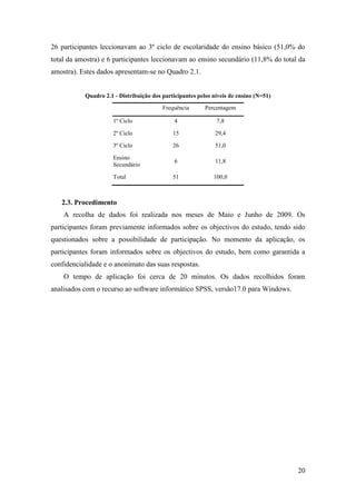 20
26 participantes leccionavam ao 3º ciclo de escolaridade do ensino básico (51,0% do
total da amostra) e 6 participantes leccionavam ao ensino secundário (11,8% do total da
amostra). Estes dados apresentam-se no Quadro 2.1.
Quadro 2.1 - Distribuição dos participantes pelos níveis de ensino (N=51)
Frequência Percentagem
1º Ciclo 4 7,8
2º Ciclo 15 29,4
3º Ciclo 26 51,0
Ensino
Secundário
6 11,8
Total 51 100,0
2.3. Procedimento
A recolha de dados foi realizada nos meses de Maio e Junho de 2009. Os
participantes foram previamente informados sobre os objectivos do estudo, tendo sido
questionados sobre a possibilidade de participação. No momento da aplicação, os
participantes foram informados sobre os objectivos do estudo, bem como garantida a
confidencialidade e o anonimato das suas respostas.
O tempo de aplicação foi cerca de 20 minutos. Os dados recolhidos foram
analisados com o recurso ao software informático SPSS, versão17.0 para Windows.
 