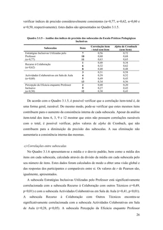 26
verificar índices de precisão consideravelmente consistentes (α=0,77, α=0,62, α=0,60 e
α=0,50, respectivamente). Estes dados são apresentados no Quadro 3.1.5.
Quadro 3.1.5 – Análise dos índices de precisão das subescalas da Escala Práticas Pedagógicas
Inclusivas
Subescalas Itens
Correlação item
- total sem item
Alpha de Cronbach
(sem item)
Estratégias Inclusivas Utilizadas pelo
Professor
(α=0,77)
7
10
11
0,56
0,60
0,63
0,72
0,68
0,65
Recurso à Colaboração
(α=0,62)
1
6
8
0,48
0,32
0,40
0,34
0,62
0,48
Actividades Colaborativas em Sala de Aula
(α=0,60)
3
4
5
13
0,31
0,39
0,49
0,34
0,58
0,52
0,43
0,56
Percepção da Eficácia enquanto Professor
Inclsuivo
(α=0,50)
2
9
12
0,40
0,27
0,30
0,20
0,43
0,43
De acordo com o Quadro 3.1.5, é possível verificar que a correlação item-total é, de
uma forma geral, razoável. Do mesmo modo, pode-se verificar que estes mesmos itens
contribuem para o aumento da consistência interna de cada subescala. Apesar da análise
item-total dos itens 6, 3, 9 e 12 mostrar que estes não possuem correlações razoáveis
com o total, é possível verificar, pelos valores de alpha de Cronbach, que não
contribuem para a diminuição da precisão das subescalas. A sua eliminação não
aumentaria a consistência interna das mesmas.
c) Correlações entre subescalas
No Quadro 3.1.6 apresentam-se a média e o desvio padrão, bem como a média dos
itens em cada subescala, calculada através da divisão da média em cada subescala pelo
seu número de itens. Estes dados foram calculados de modo a obter uma visão global e
das respostas dos participantes e comparáveis entre si. Os valores de r de Pearson são,
igualmente, apresentados.
A subescala Estratégias Inclusivas Utilizadas pelo Professor está significativamente
correlacionada com a subescala Recurso à Colaboração com outros Técnicos (r=0,49,
p<0,01) e com a subescala Actividades Colaborativas em Sala de Aula (r=0,41, p<0,01).
A subescala Recurso à Colaboração com Outros Técnicos encontra-se
significativamente correlacionada com a subescala Actividades Colaborativas em Sala
de Aula (r=0,28, p<0,05). A subescala Percepção da Eficácia enquanto Professor
 