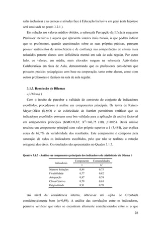 28
salas inclusivas e as crenças e atitudes face à Educação Inclusiva em geral (esta hipótese
será analisada no ponto 3.2.1.).
Em relação aos valores médios obtidos, a subescala Percepção da Eficácia enquanto
Professor Inclusivo é aquela que apresenta valores mais baixos, o que poderá indicar
que os professores, quando questionados sobre as suas próprias práticas, parecem
possuir sentimentos de auto-eficácia e de confiança nas competências de ensino mais
reduzidos perante alunos com deficiência mental em sala de aula regular. Por outro
lado, os valores, em média, mais elevados surgem na subescala Actividades
Colaborativas em Sala de Aula, demonstrando que os professores consideram que
possuem práticas pedagógicas com base na cooperação, tanto entre alunos, como com
outros professores e técnicos na sala de aula regular.
3.1.3. Resolução de Dilemas
a) Dilema 1
Com o intuito de perceber a validade de construto do conjunto de indicadores
escolhidos, procedeu-se à análise em componentes principais. Os testes de Kaiser-
Meyer-Olkin (KMO) e de esfericidade de Bartlett permitiram verificar que os
indicadores escolhidos possuem uma boa validade para a aplicação da análise factorial
em componentes principais (KMO=0,83; X2
=146,75 (10), p<0,05). Desta análise
resultou um componente principal com valor próprio superior a 1 (3,484), que explica
cerca de 69,7% da variabilidade dos resultados. Este componente é composto pela
saturação de todos os indicadores escolhidos, pelo que não se realizou a rotação
ortogonal dos eixos. Os resultados são apresentados no Quadro 3.1.7.
Quadro 3.1.7 - Análise em componentes principais dos indicadores de criatividade do Dilema 1
Indicadores
Componente Comunalidades
1 h2
Número Soluções 0,84 0,75
Flexibilidade 0,77 0,82
Adequação 0,87 0,59
Clima Criativo 0,79 0,63
Originalidade 0,91 0,70
Ao nível da consistência interna, obteve-se um alpha de Cronbach
consideravelmente bom (α=0,89). A análise das correlações entre os indicadores,
permitiu verificar que estes se encontram altamente correlacionados entre si o que
 