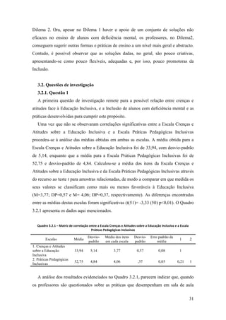 31
Dilema 2. Ora, apesar no Dilema 1 haver o apoio de um conjunto de soluções não
eficazes no ensino de alunos com deficiência mental, os professores, no Dilema2,
conseguem sugerir outras formas e práticas de ensino a um nível mais geral e abstracto.
Contudo, é possível observar que as soluções dadas, no geral, são pouco criativas,
apresentando-se como pouco flexíveis, adequadas e, por isso, pouco promotoras da
Inclusão.
3.2. Questões de investigação
3.2.1. Questão 1
A primeira questão de investigação remete para a possível relação entre crenças e
atitudes face à Educação Inclusiva, e a Inclusão de alunos com deficiência mental e as
práticas desenvolvidas para cumprir este propósito.
Uma vez que não se observaram correlações significativas entre a Escala Crenças e
Atitudes sobre a Educação Inclusiva e a Escala Práticas Pedagógicas Inclusivas
procedeu-se à análise das médias obtidas em ambas as escalas. A média obtida para a
Escala Crenças e Atitudes sobre a Educação Inclusiva foi de 33,94, com desvio-padrão
de 5,14, enquanto que a média para a Escala Práticas Pedagógicas Inclusivas foi de
52,75 e desvio-padrão de 4,84. Calculou-se a média dos itens da Escala Crenças e
Atitudes sobre a Educação Inclusiva e da Escala Práticas Pedagógicas Inclusivas através
do recurso ao teste t para amostras relacionadas, de modo a comparar em que medida os
seus valores se classificam como mais ou menos favoráveis à Educação Inclusiva
(M=3,77; DP=0,57 e M= 4,06; DP=0,37, respectivamente). As diferenças encontradas
entre as médias destas escalas foram significativas (t(51)= -3,33 (50) p<0,01). O Quadro
3.2.1 apresenta os dados aqui mencionados.
Quadro 3.2.1 – Matriz de correlação entre a Escala Crenças e Atitudes sobre a Educação Inclusiva e a Escala
Práticas Pedagógicas Inclusivas
Escalas Média
Desvio-
padrão
Média dos itens
em cada escala
Desvio-
padrão
Erro padrão da
média
1 2
1. Crenças e Atitudes
sobre a Educação
Inclusiva
33,94 5,14 3,77 0,57 0,08 1
2. Práticas Pedagógicas
Inclusivas
52,75 4,84 4,06 ,37 0,05 0,21 1
A análise dos resultados evidenciados no Quadro 3.2.1, parecem indicar que, quando
os professores são questionados sobre as práticas que desempenham em sala de aula
 