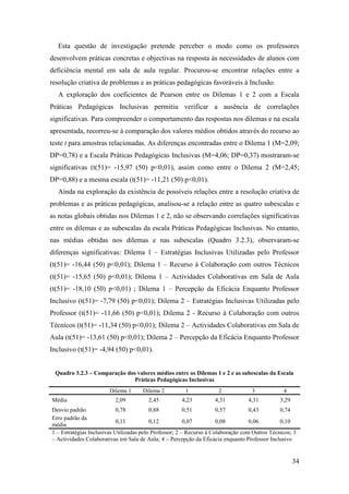 34
Esta questão de investigação pretende perceber o modo como os professores
desenvolvem práticas concretas e objectivas na resposta às necessidades de alunos com
deficiência mental em sala de aula regular. Procurou-se encontrar relações entre a
resolução criativa de problemas e as práticas pedagógicas favoráveis à Inclusão.
A exploração dos coeficientes de Pearson entre os Dilemas 1 e 2 com a Escala
Práticas Pedagógicas Inclusivas permitiu verificar a ausência de correlações
significativas. Para compreender o comportamento das respostas nos dilemas e na escala
apresentada, recorreu-se à comparação dos valores médios obtidos através do recurso ao
teste t para amostras relacionadas. As diferenças encontradas entre o Dilema 1 (M=2,09;
DP=0,78) e a Escala Práticas Pedagógicas Inclusivas (M=4,06; DP=0,37) mostraram-se
significativas (t(51)= -15,97 (50) p<0,01), assim como entre o Dilema 2 (M=2,45;
DP=0,88) e a mesma escala (t(51)= -11,21 (50) p<0,01).
Ainda na exploração da existência de possíveis relações entre a resolução criativa de
problemas e as práticas pedagógicas, analisou-se a relação entre as quatro subescalas e
as notas globais obtidas nos Dilemas 1 e 2, não se observando correlações significativas
entre os dilemas e as subescalas da escala Práticas Pedagógicas Inclusivas. No entanto,
nas médias obtidas nos dilemas e nas subescalas (Quadro 3.2.3), observaram-se
diferenças significativas: Dilema 1 – Estratégias Inclusivas Utilizadas pelo Professor
(t(51)= -16,44 (50) p<0,01); Dilema 1 – Recurso à Colaboração com outros Técnicos
(t(51)= -15,65 (50) p<0,01); Dilema 1 – Actividades Colaborativas em Sala de Aula
(t(51)= -18,10 (50) p<0,01) ; Dilema 1 – Percepção da Eficácia Enquanto Professor
Inclusivo (t(51)= -7,79 (50) p<0,01); Dilema 2 – Estratégias Inclusivas Utilizadas pelo
Professor (t(51)= -11,66 (50) p<0,01); Dilema 2 - Recurso à Colaboração com outros
Técnicos (t(51)= -11,34 (50) p<0,01); Dilema 2 – Actividades Colaborativas em Sala de
Aula (t(51)= -13,61 (50) p<0,01); Dilema 2 – Percepção da Eficácia Enquanto Professor
Inclusivo (t(51)= -4,94 (50) p<0,01).
Quadro 3.2.3 – Comparação dos valores médios entre os Dilemas 1 e 2 e as subescalas da Escala
Práticas Pedagógicas Inclusivas
Dilema 1 Dilema 2 1 2 3 4
Média 2,09 2,45 4,23 4,31 4,31 3,29
Desvio padrão 0,78 0,88 0,51 0,57 0,43 0,74
Erro padrão da
média
0,11 0,12 0,07 0,08 0,06 0,10
1 – Estratégias Inclusivas Utilizadas pelo Professor; 2 – Recurso à Colaboração com Outros Técnicos; 3
– Actividades Colaborativas em Sala de Aula; 4 – Percepção da Eficácia enquanto Professor Inclusivo
 