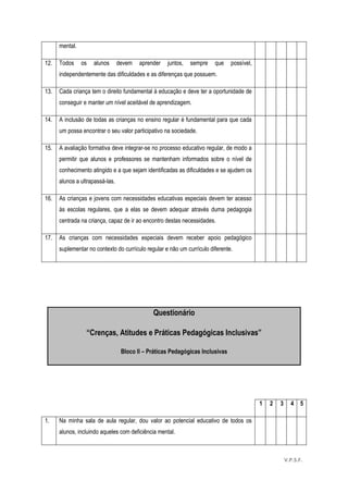 56
1 2 3 4 5
1. Na minha sala de aula regular, dou valor ao potencial educativo de todos os
alunos, incluindo aqueles com deficiência mental.
mental.
12. Todos os alunos devem aprender juntos, sempre que possível,
independentemente das dificuldades e as diferenças que possuem.
13. Cada criança tem o direito fundamental à educação e deve ter a oportunidade de
conseguir e manter um nível aceitável de aprendizagem.
14. A inclusão de todas as crianças no ensino regular é fundamental para que cada
um possa encontrar o seu valor participativo na sociedade.
15. A avaliação formativa deve integrar-se no processo educativo regular, de modo a
permitir que alunos e professores se mantenham informados sobre o nível de
conhecimento atingido e a que sejam identificadas as dificuldades e se ajudem os
alunos a ultrapassá-las.
16. As crianças e jovens com necessidades educativas especiais devem ter acesso
às escolas regulares, que a elas se devem adequar através duma pedagogia
centrada na criança, capaz de ir ao encontro destas necessidades.
17. As crianças com necessidades especiais devem receber apoio pedagógico
suplementar no contexto do currículo regular e não um currículo diferente.
Questionário
“Crenças, Atitudes e Práticas Pedagógicas Inclusivas”
Bloco II – Práticas Pedagógicas Inclusivas
V.P.S.F.
 