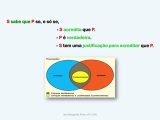 Ssabe que P se, e só se, 			  - Sacredita que P.	   	                - P é verdadeira.		                - S tem uma justificação para acreditar que P. Ana Margarida Pinto, nº2 11ºA