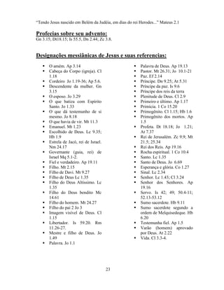 ―Tendo Jesus nascido em Belém da Judéia, em dias do rei Herodes...‖ Mateus 2.1

Profecias sobre seu advento:
Gn 3.15; Dt18.15; Is 55.5, Dn 2.44; Zc 3.8.


Designações messiânicas de Jesus e suas referencias:
      O amém. Ap 3.14                                  Palavra de Deus. Ap 19.13
      Cabeça do Corpo (igreja). Cl                     Pastor. Mt 26.31; Jo 10.1-21
       1.18                                             Paz. Ef 2.14
      Cordeiro Jo 1.19-36; Ap 5.6.                     Príncipe. Dn 9.25; At 5.31
      Descendente da mulher. Gn                        Príncipe da paz. Is 9.6
       3.15                                             Príncipe dos reis da terra
      O esposo. Jo 3.29                                Plenitude de Deus. Cl 2.9
      O que batiza com Espírito                        Primeiro e último. Ap 1.17
       Santo. Jo 1.33                                   Primícia. 1 Co 15.20
      O que dá testemunho de si                        Primogênito. Cl 1.15; Hb 1.6
       mesmo. Jo 8.18                                   Primogênito dos mortos. Ap
      O que havia de vir. Mt 11.3                       1.5
      Emanuel. Mt 1.23                                 Profeta. Dt 18.18; Jo 1.21;
      Escolhido de Deus. Lc 9.35;                       At 7.37
       Hb 1.9                                           Rei de Jerusalém. Zc 9.9; Mt
      Estrela de Jacó, rei de Israel.                   21.5; 25.34
       Nm 24.17                                         Rei dos Reis. Ap 19.16
      Governante (guia, rei) de                        Rocha espiritual. 1 Co 10.4
       Israel Mq 5.1-2.                                 Santo. Lc 1.35
      Fiel e verdadeiro. Ap 19.11                      Santo de Deus. Jo 6.69
      Filho. Mt 2.15                                   Esperança e glória. Co 1.27
      Filho de Davi. Mt 9.27                           Sinal. Lc 2.34
      Filho de Deus Lc 1.35                            Senhor. Lc 1.43; Cl 3.24
      Filho do Deus Altíssimo. Lc                      Senhor dos Senhores. Ap
       1.35                                              19.16
      Filho do Deus bendito Mc                         Servo. Is 42; 49; 50.4-11;
       14.61                                             52.13-53.12
      Filho do homem. Mt 24.27                         Sumo sacerdote. Hb 9.11
      Filho do pai 2 Jo 3                              Sumo sacerdote segundo a
      Imagem visível de Deus. Cl                        ordem de Melquisedeque. Hb
       1.15                                              6.20
      Libertador. Is 59.20. Rm                         Testemunha fiel. Ap 1.5
       11.26-27.                                        Varão (homem) aprovado
      Mestre e filho de Deus. Jo                        por Deus. At 2.22
       1.49                                             Vida. Cl 3.3-4.
      Palavra. Jo 1.1




                                         23
 
