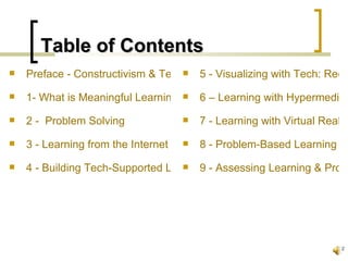 Table of Contents
   Preface - Constructivism & TechnologyVisualizing with Tech: Reco
                                    5-


   1- What is Meaningful Learning?     6 – Learning with Hypermedia
   2 - Problem Solving                 7 - Learning with Virtual Realiti
   3 - Learning from the Internet      8 - Problem-Based Learning En
   4 - Building Tech-Supported Learning -Communities
                                    9 Assessing Learning & Probl




                                                                        2
 