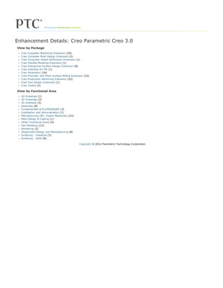 Enhancement Details: Creo Parametric Creo 3.0
View by Package
Creo Complete Machining Extension (20)
Creo Complete Mold Design Extension (2)
Creo Computer-Aided Verification Extension (1)
Creo Flexible Modeling Extension (1)
Creo Interactive Surface Design Extension (8)
Creo Interface for NX (1)
Creo Parametric (34)
Creo Prismatic and Multi-surface Milling Extension (22)
Creo Production Machining Extension (22)
Creo Tool Design Extension (1)
Creo Toolkit (3)
View by Functional Area
2D Drawings (1)
3D Drawings (3)
3D Interface (2)
Assembly (8)
Fundamentals & Pro/PROGRAM (3)
Installation and Administration (1)
Manufacturing (NC, Expert Machinist) (23)
Mold Design & Casting (1)
Other Functional Areas (4)
Part Modeling (12)
Rendering (2)
Sheetmetal Design and Manufacturing (8)
Surfacing - Freestyle (3)
Surfacing - ISDX (8)
Copyright © 2012 Parametric Technology Corporation
 