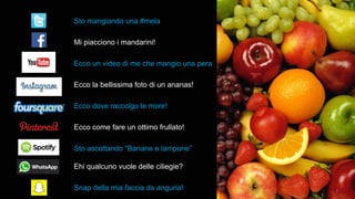 3
Sto mangiando una #mela
Mi piacciono i mandarini!
Ecco un video di me che mangio una pera
Ecco la bellissima foto di un ananas!
Ecco dove raccolgo le more!
Ecco come fare un ottimo frullato!
Sto ascoltando “Banane e lampone”
Ehi qualcuno vuole delle ciliegie?
Snap della mia faccia da anguria!
 