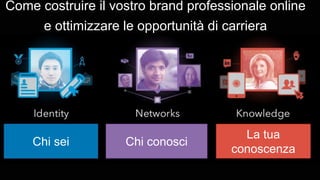 Come costruire il vostro brand professionale online
e ottimizzare le opportunità di carriera
La tua
conoscenza
Chi conosciChi sei
 