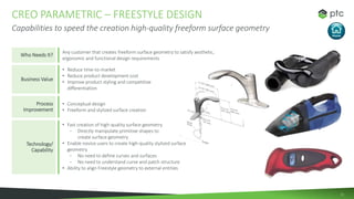12
CREO PARAMETRIC – FREESTYLE DESIGN
Capabilities to speed the creation high-quality freeform surface geometry
Who Needs ...