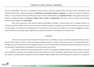 CURRÍCULO DA REDE ESTADUAL PARANAENSE
12
vocal como materialidade. Sendo assim, ao se apropriarem desses conceitos e realizarem atividades lúdicas como jogos teatrais e improvisação, os(as)
estudantes desenvolverão as seguintes competências: Conhecimento, Comunicação e Empatia e cooperação. Ao entrarem em contato com espetáculos
teatrais, e as suas mais diversas formas de manifestação ao longo da história, redimensionarão o seu Repertório Cultural, e serão capazes de desenvolver,
também, as competências ligadas ao: Pensamento científico, crítico e criativo, e a Argumentação. Além disso, o teatro e as práticas artísticas híbridas
propiciam um vasto diálogo com a Cultura digital.
Deste modo, apresentamos neste documento algumas possibilidades de diálogos e interpenetrações entre as linguagens artísticas e as
competências presentes na BNCC. É preciso ter em vista que essas competências podem ser mobilizadas das mais diversas maneiras no processo de ensino
e de aprendizagem nas aulas de Arte e a (o) professora (r) tem autonomia para articulá-las de maneira orgânica em suas práticas pedagógicas, buscando o
desenvolvimento de uma educação integral e significativa, que auxilie os(as) estudantes na construção de seus projetos de vida.
AVALIAÇÃO
A Arte tem como caráter formativo desenvolver nos(as) estudantes a sensibilidade, a fruição, a socialização, capacidades de leitura e análise a
partir dos saberes estéticos, históricos e sociais que permeiam os objetos artísticos e os artistas e seus processos criativos. É importante enfatizar que a
abordagem nas aulas de Arte perpassa as quatro linguagens artísticas, ou seja, no momento avaliativo é necessário que o(a) professor(a) utilize instrumentos
que contemplem o desenvolvimento das habilidades nas artes visuais, dança, música e teatro.
Outro elemento importante, dentro do processo avaliativo em Arte, é a articulação das competências gerais e específicas. É preciso ter em vista
que as competências contemplam outras camadas dos saberes desenvolvidos, pois “ensinar competências significa utilizar formas de ensino consistentes
para responder a situações, conflitos e problemas próximos da realidade” (ZABALA e ARNAU, 2010, p.129). Nessa perspectiva, destacam-se as avaliações de
 