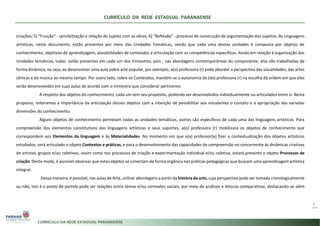 CURRÍCULO DA REDE ESTADUAL PARANAENSE
7
criações; 5) “Fruição” - sensibilização e relação do sujeito com as obras; 6) “Reflexão” - processo de construção de argumentação dos sujeitos. As Linguagens
artísticas, neste documento, estão presentes por meio das Unidades Temáticas, sendo que cada uma destas unidades é composta por objetos de
conhecimento, objetivos de aprendizagem, possibilidades de conteúdos e articulação com as competências específicas. Ainda em relação à organização das
Unidades temáticas, todas estão presentes em cada um dos trimestres, pois , nas abordagens contemporâneas do componente, elas são trabalhadas de
forma dinâmica, ou seja, ao desenvolver uma aula sobre arte popular, por exemplo, a(o) professora (r) pode abordar a perspectiva das visualidades, das artes
cênicas e da música ao mesmo tempo. Por outro lado, sobre os Conteúdos, mantém-se a autonomia da (do) professora (r) na escolha da ordem em que eles
serão desenvolvidos em suas aulas de acordo com o trimestre que considerar pertinente.
A respeito dos objetos do conhecimento, cada um tem seu propósito, podendo ser desenvolvidos individualmente ou articulados entre si. Nesta
proposta, reiteramos a importância da articulação desses objetos com a intenção de possibilitar aos estudantes o contato e a apropriação das variadas
dimensões do conhecimento.
Alguns objetos de conhecimento permeiam todas as unidades temáticas, outros são específicos de cada uma das linguagens artísticas. Para
compreensão dos elementos constitutivos das linguagens artísticas e seus suportes, a(o) professora (r) mobilizará os objetos de conhecimento que
correspondem aos Elementos da linguagem e às Materialidades. No momento em que o(a) professor(a) fizer a contextualização dos objetos artísticos
estudados, será articulado o objeto Contextos e práticas, e para o desenvolvimento das capacidades de compreensão no concernente às dinâmicas criativas
de artistas, grupos e/ou coletivos, assim como nos processos de criação e experimentação individual e/ou coletiva, estará presente o objeto Processos de
criação. Deste modo, é possível observar que estes objetos se conectam de forma orgânica nas práticas pedagógicas que buscam uma aprendizagem artística
integral.
Dessa maneira, é possível, nas aulas de Arte, utilizar abordagens a partir da história da arte, cuja perspectiva pode ser tomada cronologicamente
ou não, isto é o ponto de partida pode ser relações entre temas e/ou contextos sociais, por meio de análises e leituras comparativas, destacando-se além
 