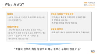 본 강연에서 다룰 내용
확장성
- 소규모 서비스로 시작하여 필요시 대규모서비스로
신속하게 확장가능
통합관리환경
- 서버, DB, 네트워크, 분석, 보안 등 모든 서비스
를 한곳에서 운영, 관리 할 수 있는 토털서비스 제공
- 소수의 IT 전문가로 서버, DB, 네트워크 등
여러 인프라 자원 운영 가능
“효율적 인프라 자원 활용으로 핵심 솔루션 구축에 집중 가능”
인프라 자원의 탄력적 운영
- 신규서비스 출시 및 변경에 따라 인프라자원을
탄력적으로 사용 가능
- 즉각적인 인프라 구축 및 변경 가능
글로벌 확장성
- 미국, 유럽, 동남아, 아프리카 등 글로벌 진출에 유리
Why AWS?
 