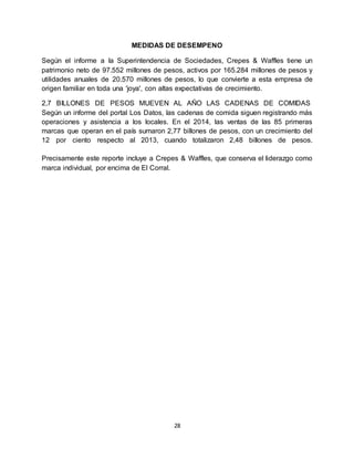 28
MEDIDAS DE DESEMPENO
Según el informe a la Superintendencia de Sociedades, Crepes & Waffles tiene un
patrimonio neto de 97.552 millones de pesos, activos por 165.284 millones de pesos y
utilidades anuales de 20.570 millones de pesos, lo que convierte a esta empresa de
origen familiar en toda una 'joya', con altas expectativas de crecimiento.
2,7 BILLONES DE PESOS MUEVEN AL AÑO LAS CADENAS DE COMIDAS
Según un informe del portal Los Datos, las cadenas de comida siguen registrando más
operaciones y asistencia a los locales. En el 2014, las ventas de las 85 primeras
marcas que operan en el país sumaron 2,77 billones de pesos, con un crecimiento del
12 por ciento respecto al 2013, cuando totalizaron 2,48 billones de pesos.
Precisamente este reporte incluye a Crepes & Waffles, que conserva el liderazgo como
marca individual, por encima de El Corral.
 