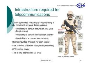 © 2012 Global Information Highway Ltd



    Infrastructure required for
    telecommunications
•Always connected “Data Glove” incorporating a
fully networked personal digital assistant
    •Possibility to consult pictures of area (like
    Google maps)
    •Possibility to control drone aircraft directly
    •Possibility to access remote cameras
•Helmet-mounted Webcam for each soldier
•Vital statistics of soldier (food/health/tiredness)
•GPS location device
•This is only addressable via IPv6
                                                        Source: US Army Natick Systems


                                   Version 201201.1                                            33
 