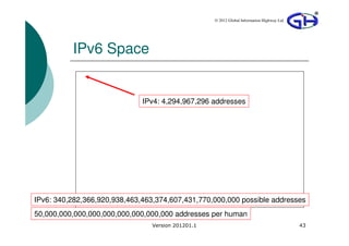 © 2012 Global Information Highway Ltd




          IPv6 Space


                              IPv4: 4,294,967,296 addresses




IPv6: 340,282,366,920,938,463,463,374,607,431,770,000,000 possible addresses
50,000,000,000,000,000,000,000,000,000 addresses per human
                                 Version 201201.1                                           43
 