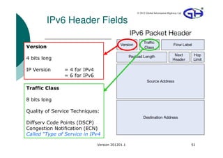 © 2012 Global Information Highway Ltd


          IPv6 Header Fields

Version

4 bits long

IP Version      = 4 for IPv4
                = 6 for IPv6

Traffic Class

8 bits long

Quality of Service Techniques:

Diffserv Code Points (DSCP)
Congestion Notification (ECN)
Called “Type of Service in IPv4

                               Version 201201.1                                           51
 