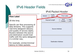 © 2012 Global Information Highway Ltd


        IPv6 Header Fields

Flow Label

20 bits long

Specific per flow processing of
data Streams. This supports
real-time datagram delivery
and quality of service (QoS).
Routers between the source
and destination would treat
traffic with the same datagram
in a similar way.

For example, similar/minimal
latency to Video packets.


                               Version 201201.1                                           52
 