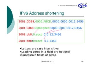 © 2012 Global Information Highway Ltd




IPv6 Address shortening
2001:0DB8:0000:ABCD:0000:0000:0012:3456

2001:0db8:0000:abcd:0000:0000:0012:3456

2001:db8:0:abcd:0:0:12:3456

2001:db8:0:abcd::12:3456

•Letters are case insensitive
•Leading zeros in a field are optional
•Successive fields of zeros

                Version 201201.1                                           60
 