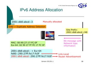 © 2012 Global Information Highway Ltd



         IPv6 Address Allocation

  2001:db8:abcd::3            Manually allocated

DAD = Duplicate Address Detection
                                                               Site Prefix:
                                                               2001:db8:abcd::/48



                                                          RA message with
 MAC: 00:90:27:17:FC:0F                                   Network type
 Eui-64: 02 90 27 FF FE 17 FC 0F                          information

 2001:db8:abcd:: + Eui-64
 fe80::290:27ff:fe17:fc0f                       Link-Local
 2001:db8:abcd::290:27ff:fe17:fc0f              Router Advertisement

                             Version 201201.1                                           88
 