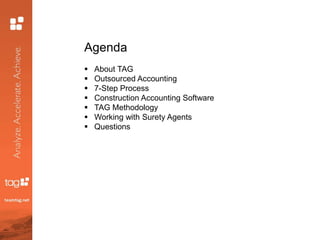 Agenda
 About TAG
 Outsourced Accounting
 7-Step Process
 Construction Accounting Software
 TAG Methodology
 Working with Surety Agents
 Questions
 