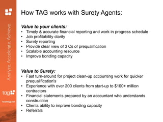 How TAG works with Surety Agents:
Value to your clients:
• Timely & accurate financial reporting and work in progress schedule
• Job profitability clarity
• Surety reporting
• Provide clear view of 3 Cs of prequalification
• Scalable accounting resource
• Improve bonding capacity
Value to Surety:
• Fast turn-around for project clean-up accounting work for quicker
prequalification's
• Experience with over 200 clients from start-up to $100+ million
contractors
• Financial statements prepared by an accountant who understands
construction
• Clients ability to improve bonding capacity
• Referrals
 