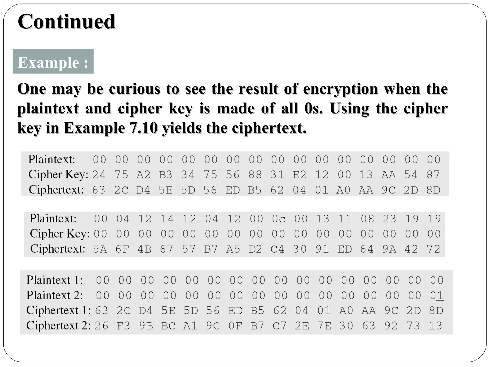 7.47
ContinuedContinued
Example :
One may be curious to see the result of encryption when theOne may be curious to see the result of encryption when the
plaintext and cipher key is made of all 0s. Using the cipherplaintext and cipher key is made of all 0s. Using the cipher
key in Example 7.10 yields the ciphertext.key in Example 7.10 yields the ciphertext.
 