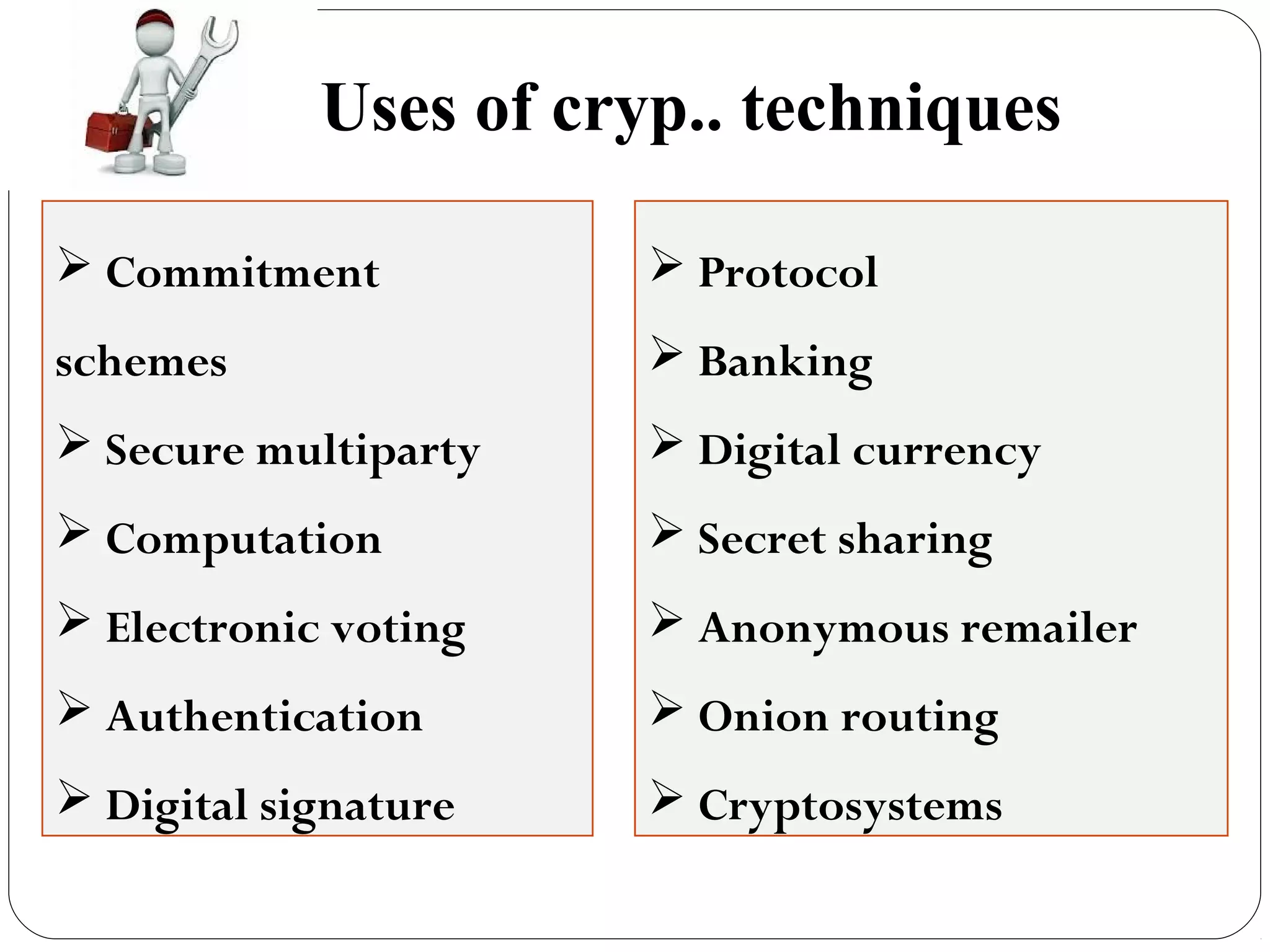 6
Uses of cryp.. techniques
 Commitment
schemes
 Secure multiparty
 Computation
 Electronic voting
 Authentication
 Digital signature
 Protocol
 Banking
 Digital currency
 Secret sharing
 Anonymous remailer
 Onion routing
 Cryptosystems
 