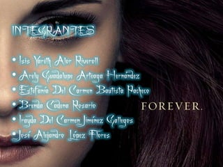 INTEGRANTES

• Isis Yareth Alor Riveroll
• Arely Guadalupe Arteaga Hernández
• Estefanía Del Carmen Bautista Pacheco
• Brenda Cadena Rosario
• Irayda Del Carmen Jiménez Gallegos
• José Alejandro López Flores
 